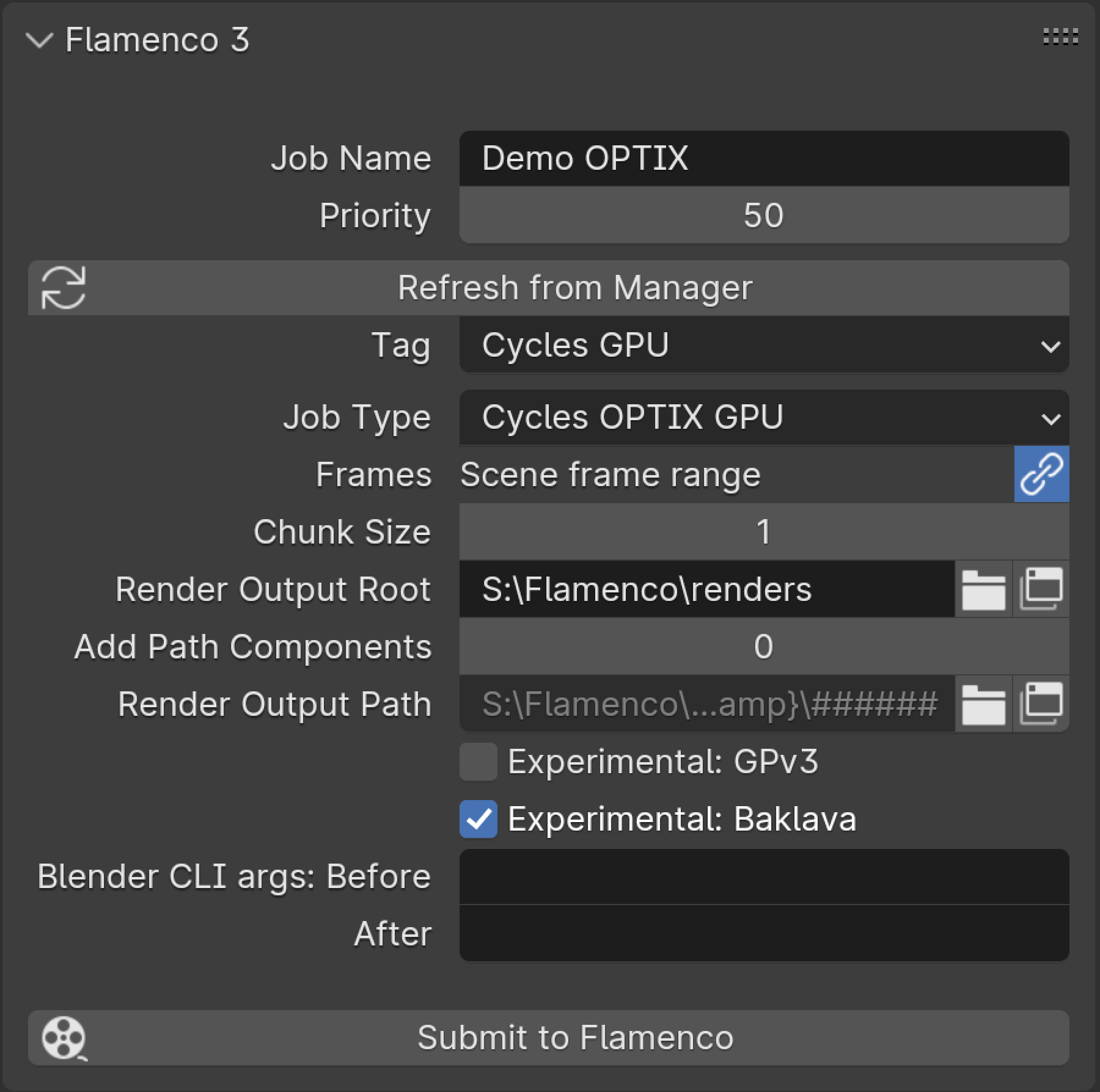 Screenshot of the Flamenco job submission panel in Blender